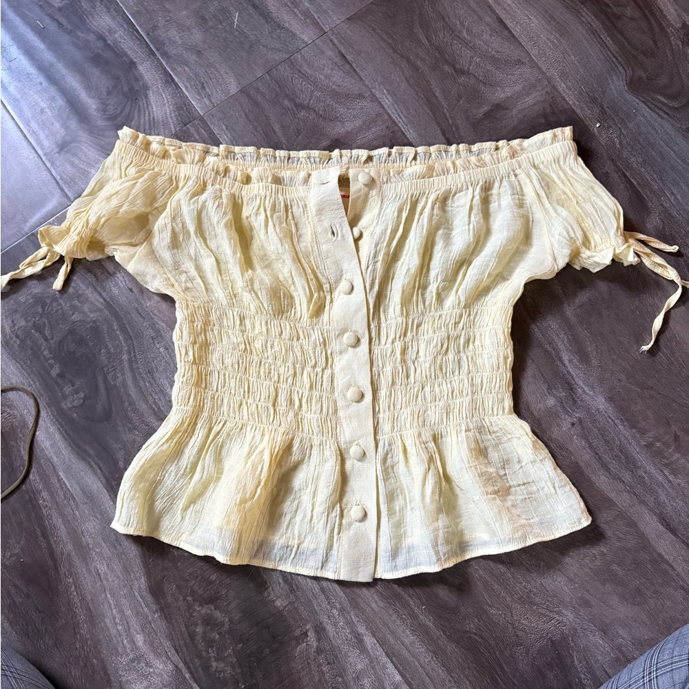 Virus Yellow Off-Shoulder Smocked Button-Front Blouse